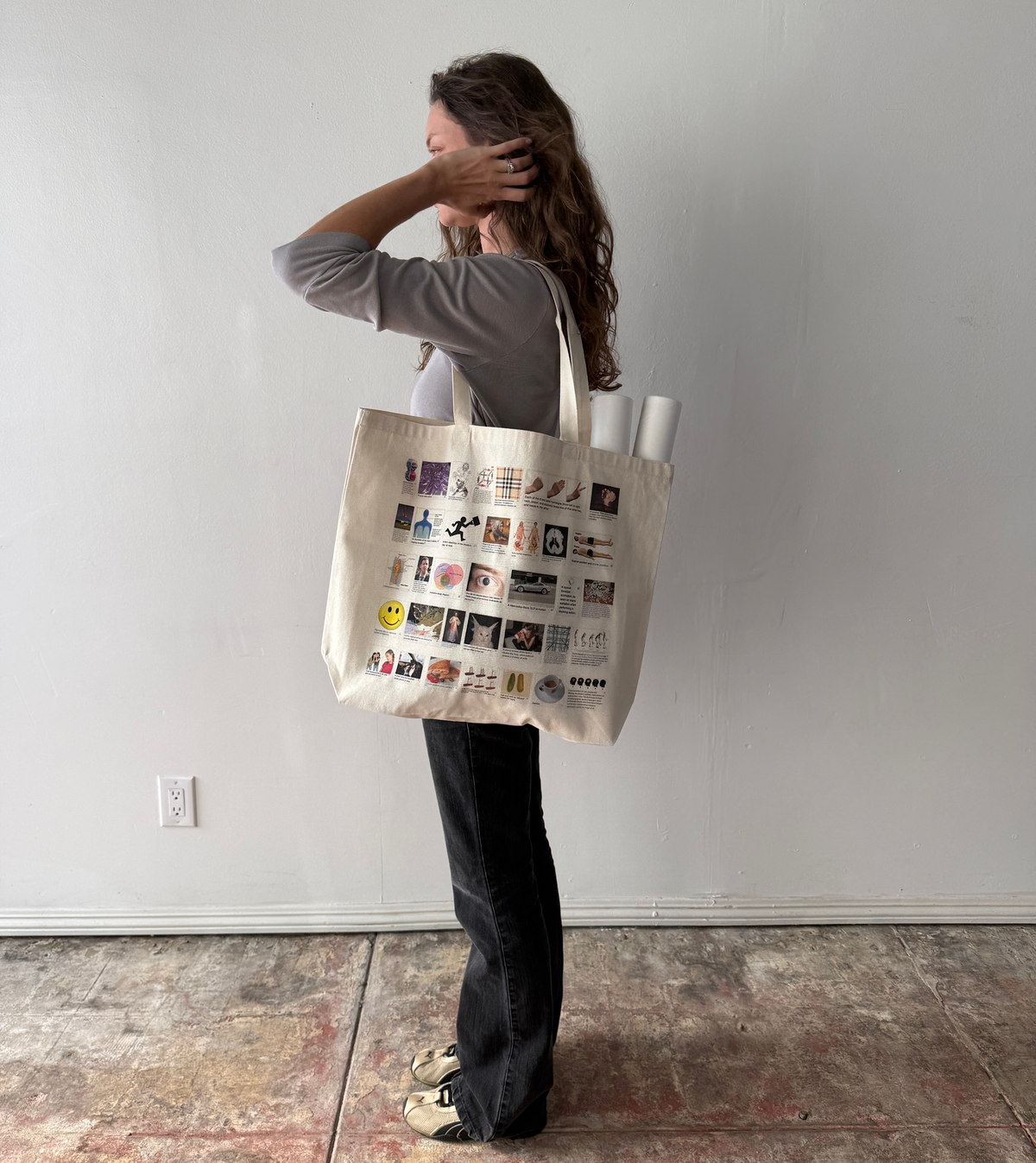 Custom Wiki Tote worn over the shoulder